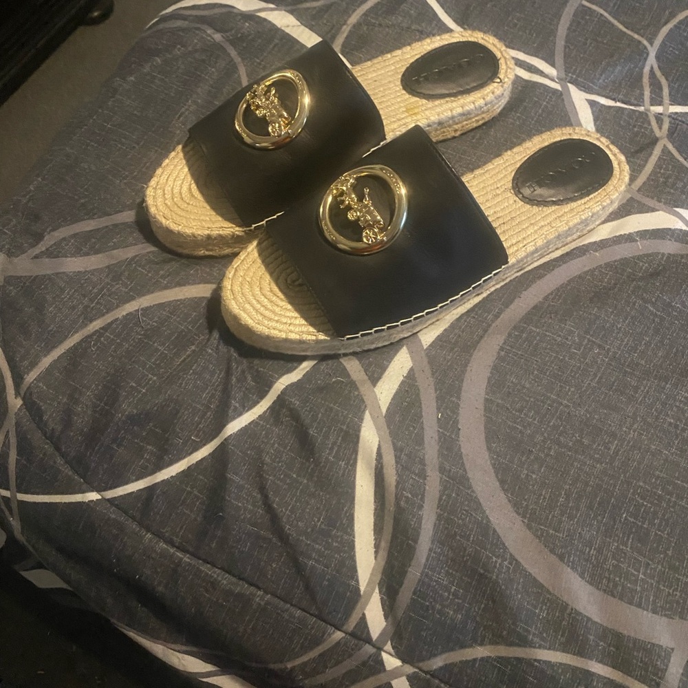 Black and Tan Slide Sandals with Gold Accent